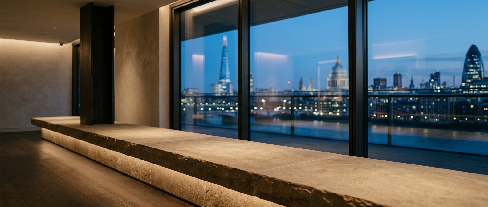 The London skyline at dusk, with the Shard, St Paul’s Cathedral and the Gherkin, seen through tall windows from a stone-lined room