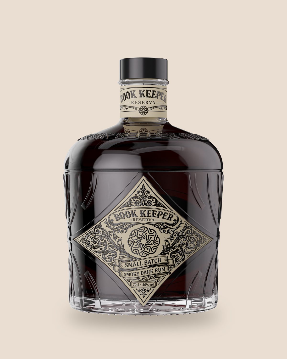Book Keeper Reserva smoky dark rum in its ledger-inspired decanter