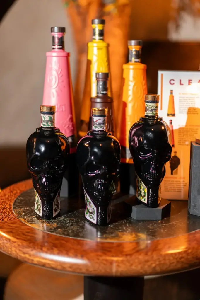 El Paso Cream Tequila in all four flavours and Shooters Tequila skull bottles on a table at the WSTA GetTogether, Fenix Manchester