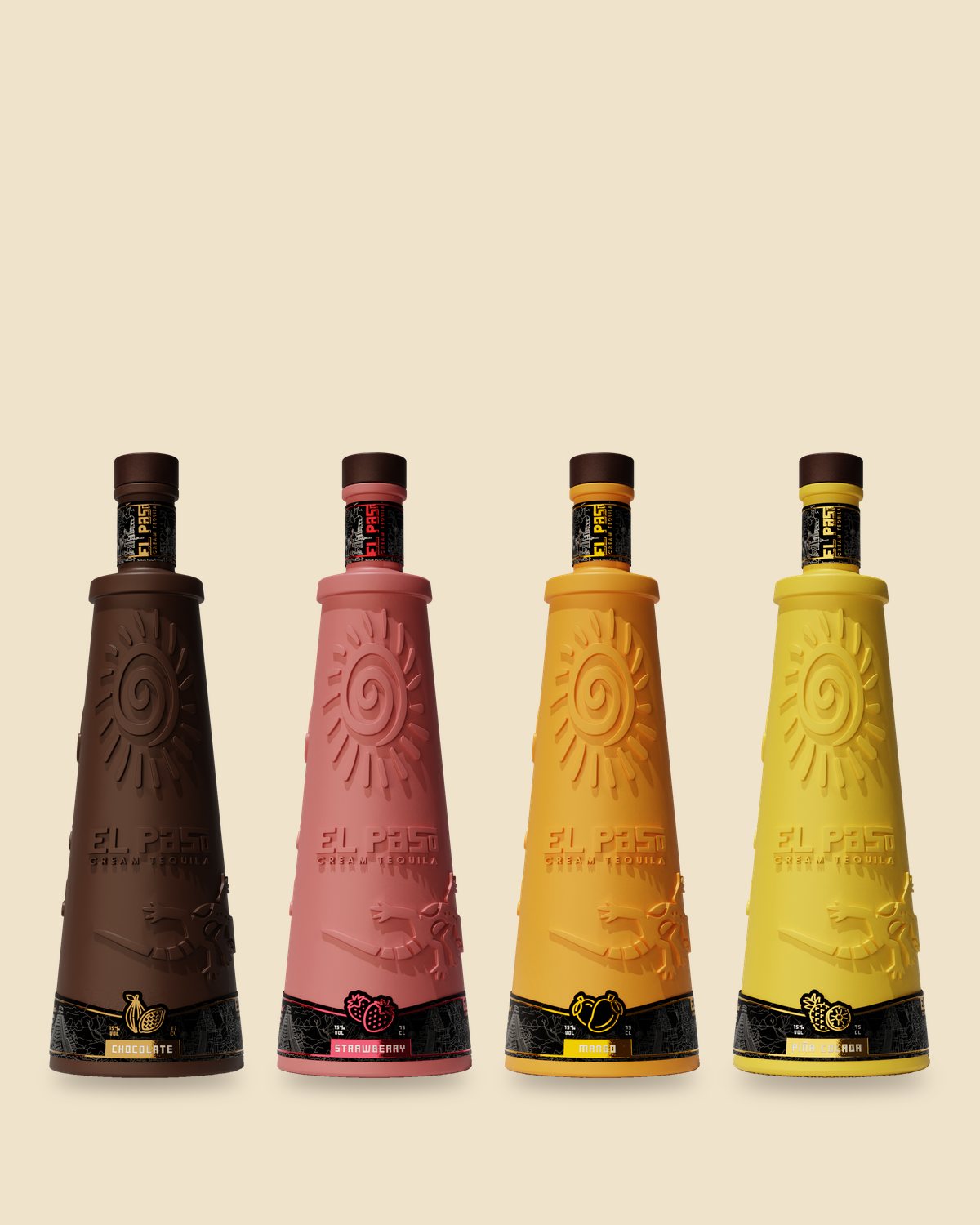 Four El Paso Cream Tequila bottles: Chocolate, Strawberry, Mango and Piña Colada