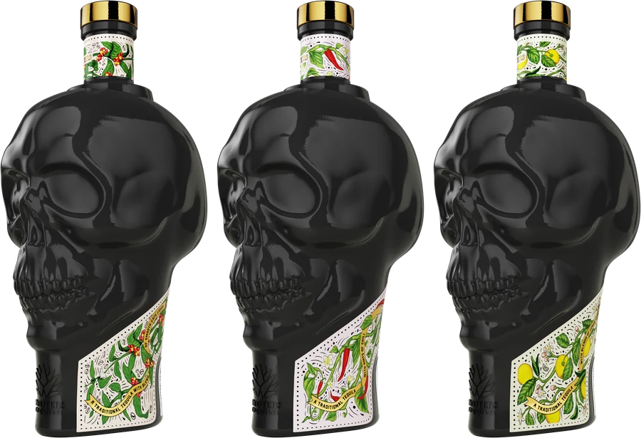 Three Shooters Tequila skull bottles